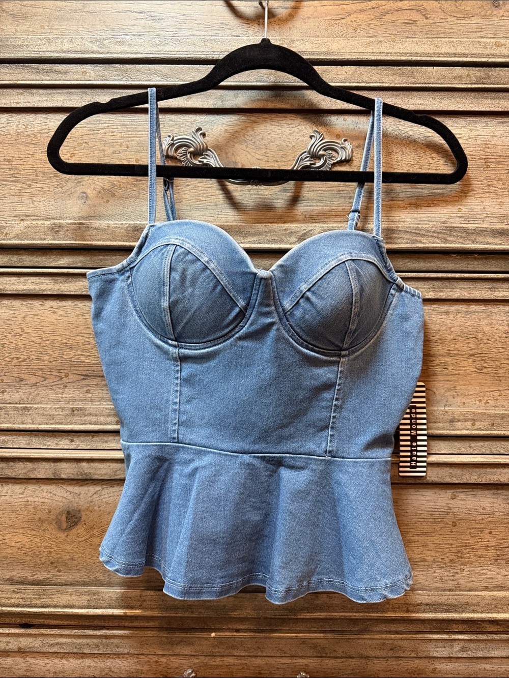 Denim Peplum Bustier Tank Top w/ Molded Cups - Light Blue MEDIUM